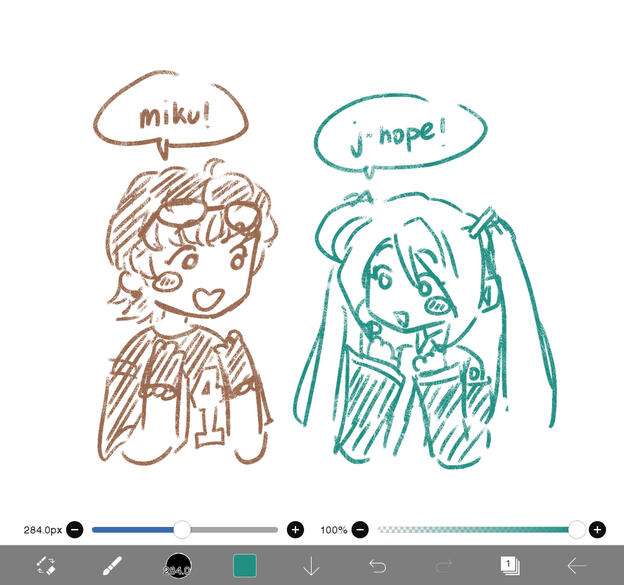 j-hope & Hatsune Miku (BTS & Vocaloid) | Chibi-ish Sketch, Half-Body x2 | 2026/06/03